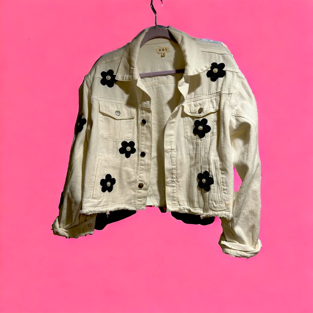 Pol Jean Jacket with embellished black flowers.
